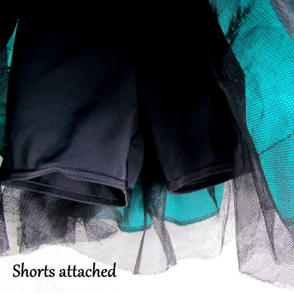 GIRL'S DANCE COSTUME, S, WEISSMAN BLACK & GREEN FLARED SKIRT, MESH INSERT TORSO - Picture 5 of 6